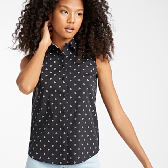 Navy blue and white button down cotton blend sleeveless shirt NWT - Picture 1 of 4